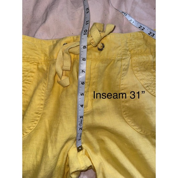 INC Beach linen relaxed wide leg pants yellow with pockets and drawstring US 12 - Picture 7 of 9